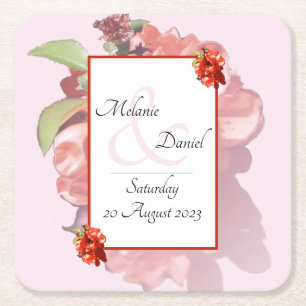 Red and Pink Quince Flowery Wedding Square Paper Coaster