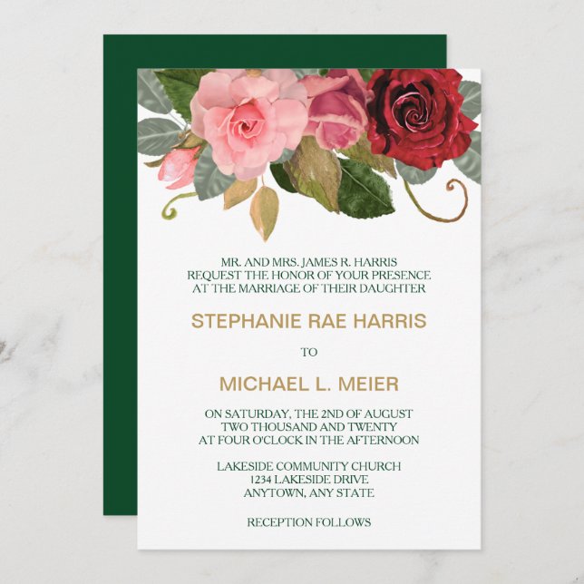 Red and Pink Rose Border Wedding Invitation (Front/Back)