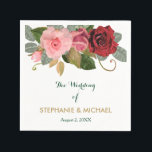 Red and Pink Rose Border Wedding Napkin<br><div class="desc">This pretty wedding paper napkin features a top border of stunning pink and red roses nestled among green leaves. The roses and leaves are amazingly realistic, but are actually fine art renderings. Below the roses image is your custom text in dark green and gold. The images and text are placed...</div>