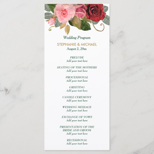 Red and Pink Rose Border Wedding Program (Front)