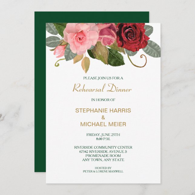 Red and Pink Rose Border Wedding Rehearsal Dinner Invitation (Front/Back)