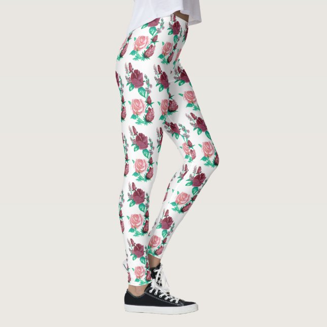 Red and Pink Rose w/Green Leaves Water Colour Fanc Leggings (Right)
