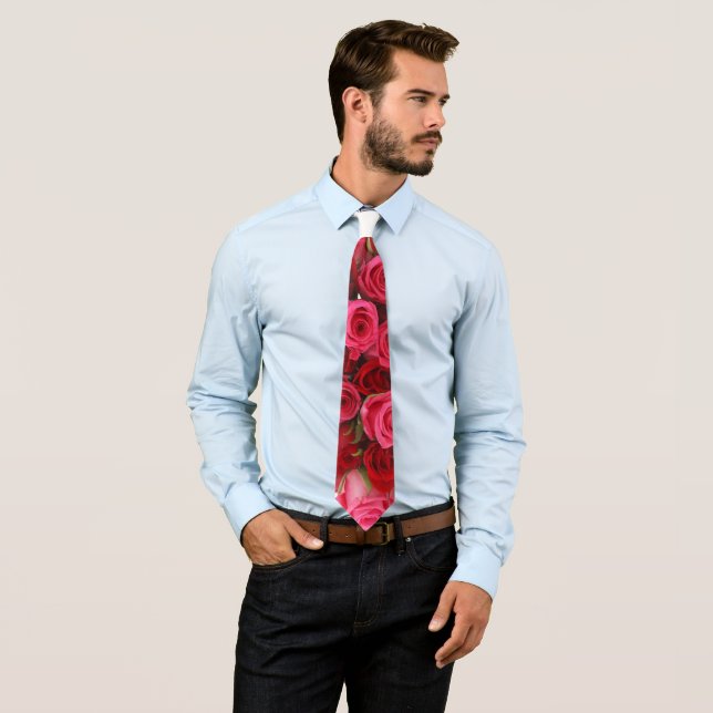 Red and Pink Roses Floral Men's Neck Tie (In Situ)