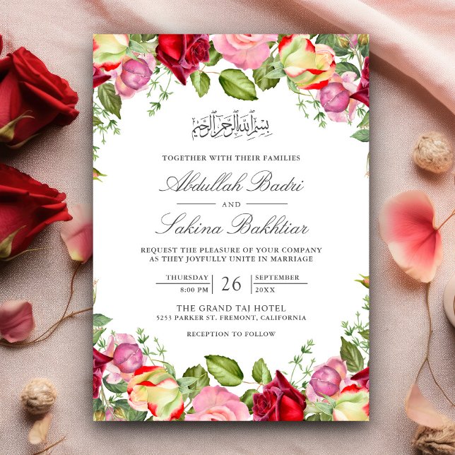 Red and Pink Roses Floral Muslim Wedding Invitation (Creator Uploaded)