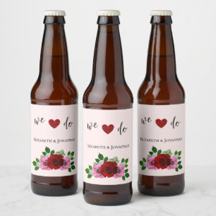 Red and Pink Roses Wedding Beer Bottle Label