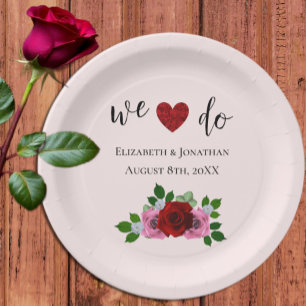 Red and Pink Roses Wedding Paper Plate