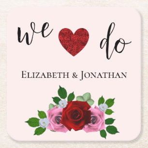 Red and Pink Roses Wedding Square Paper Coaster