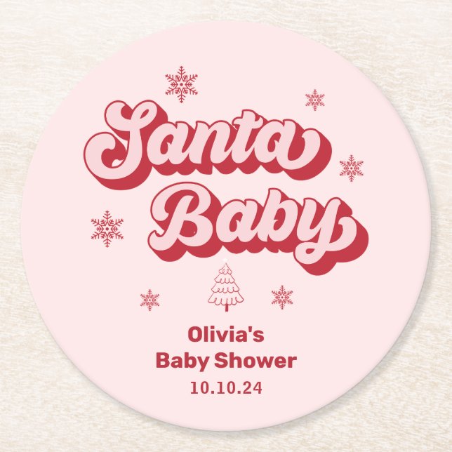 Red and Pink Santa Baby Christmas Baby Shower Round Paper Coaster (Front)