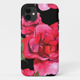 Red and Pink Soft Watercolor Roses on Black Case-M iPhone 11 Case