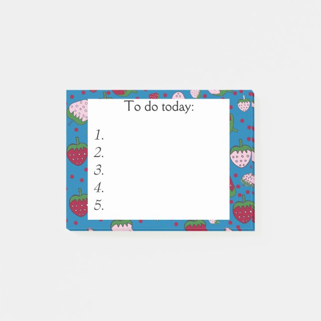 Red and Pink Strawberries on Blue Post it Notes (Front)