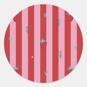 red and pink stripe, bold design with strawberries classic round sticker