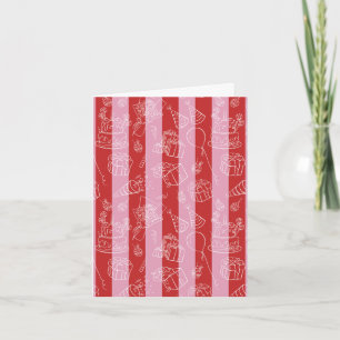 Red and pink stripe card with party drawings over