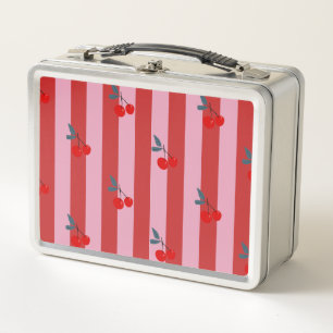 Red and pink stripe design with cherries card metal lunch box