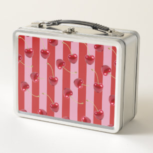 Red and pink stripe design with cherries metal lunch box