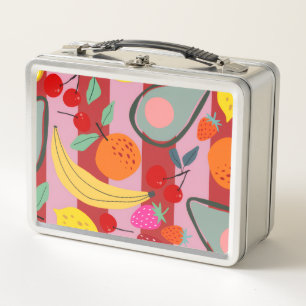 Red and pink stripe fruit pattern metal lunch box