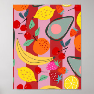 Red and pink stripe fruit pattern poster