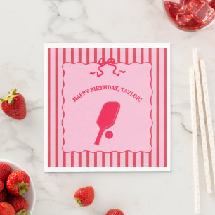 Red and Pink Striped Pickleball Birthday Party Napkin