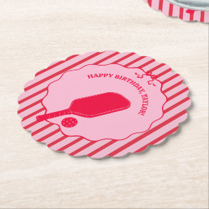 Red and Pink Striped Pickleball Birthday Party Paper Coaster
