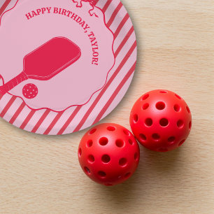 Red and Pink Striped Pickleball Birthday Party Paper Plate