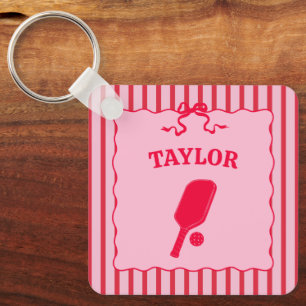 Red and Pink Striped Pickleball Personalised Key Ring