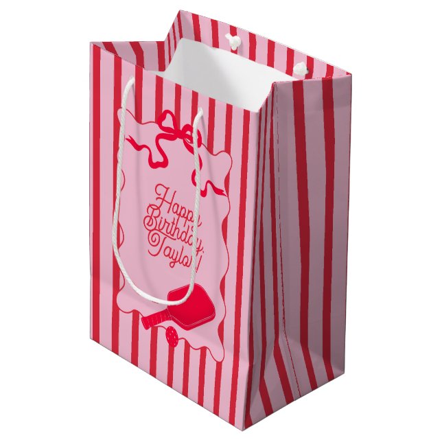 Red and Pink Stripes Pickleball Personalised Medium Gift Bag (Front Angled)