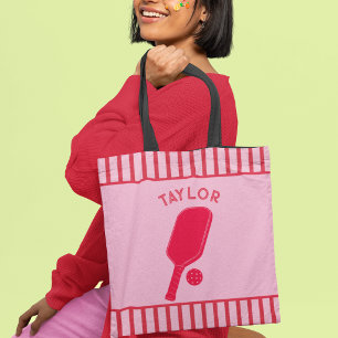 Red and Pink Stripes Pickleball Personalised Tote Bag