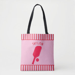 Red and Pink Stripes Pickleball Personalized Tote Bag