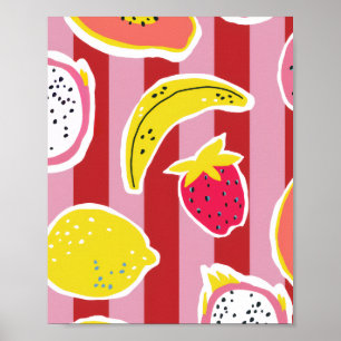 red and pink stripes with tropical fruit poster