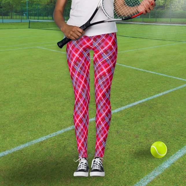 Red and Pink Tartan Plaid Patterned Leggings (Stylish leggings with a tartan plaid pattern in red, pink, lilac and black)