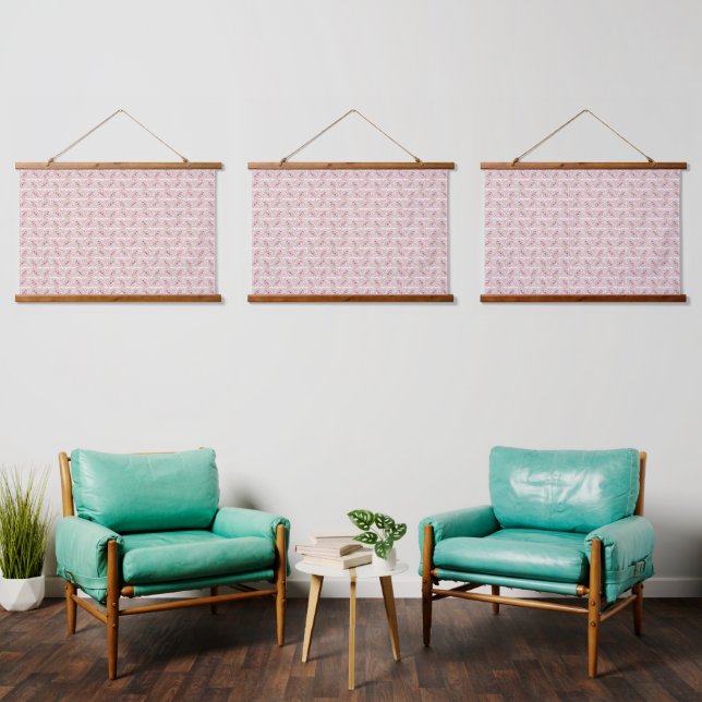 Red and pink textiles laid over a patterned rug wi hanging tapestry (Living Room)