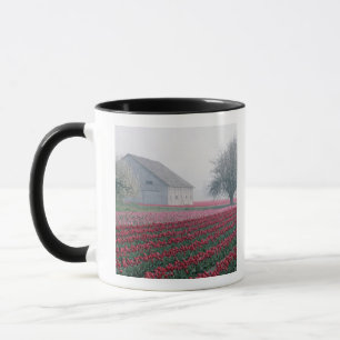 Red and pink tulips greet the day on a misty mug