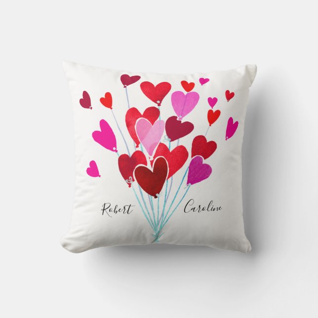Red and Pink Valentine Hearts Add Names Monogram Cushion (Front)