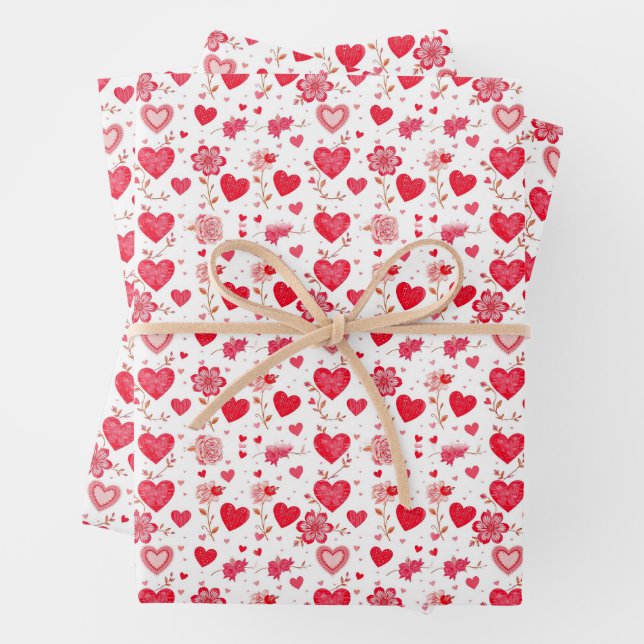 Red and Pink Valentine Hearts and Flowers Wrapping Paper Sheet (In situ)