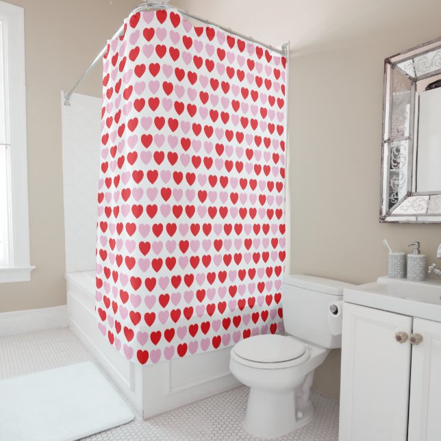 Red and Pink Valentines Day Hearts Shower Curtain (In Situ)