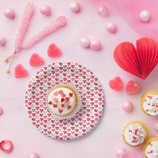 Red and Pink Watercolor Hearts Valentine Paper Plate