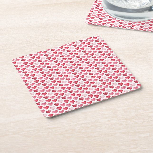 Red and Pink Watercolor Hearts Valentine Square Paper Coaster (Angled)