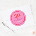 Red and Pink Wave Border 30th Birthday Classic Round Sticker<br><div class="desc">Make your 30th birthday bash extra special with our red and pink wave border round stickers! These fun stickers feature a squiggly border in pink and red, adding a touch of playfulness to your party decorations. Perfect for party favours, these stickers can be used to personalise thank you notes, party...</div>