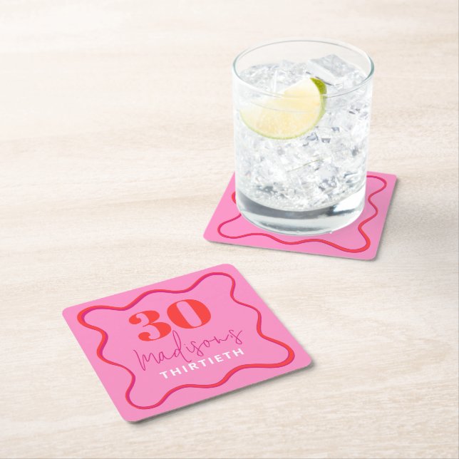 Red and Pink Wave Border 30th Birthday Square Paper Coaster (Insitu)