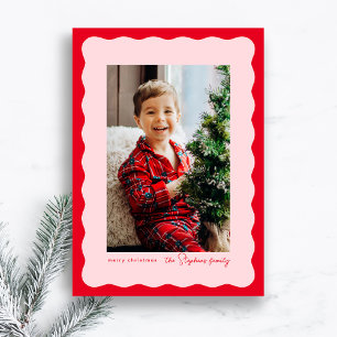 Red and pink wavy frame simple Christmas photo Holiday Card