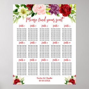 Red and Pink Wedding 15 Tables Seating Chart