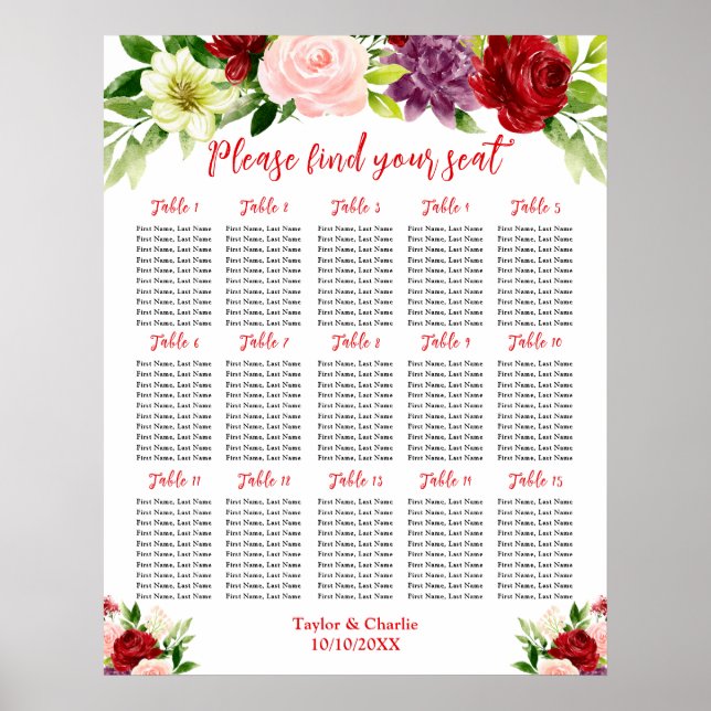 Red and Pink Wedding 15 Tables Seating Chart (Front)