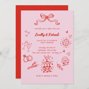 Red And Pink Whimsical Retro Doodle Wedding Invitation