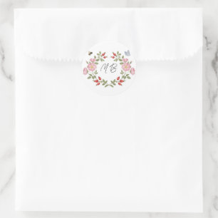 Red and Pink Wildflowers Berries Floral Monogram Classic Round Sticker
