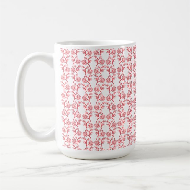 Red and pink wrapping paper featuring a repeating  coffee mug (Left)