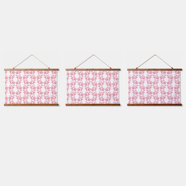 Red and pink wrapping paper featuring a repeating  hanging tapestry (Triple)