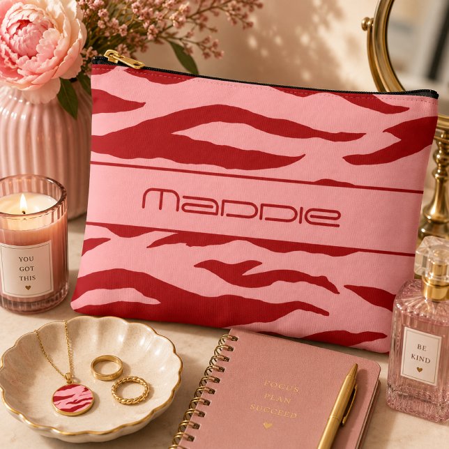 Red and pink Zebra Stripes Pattern  Accessory Pouch (Creator Uploaded)