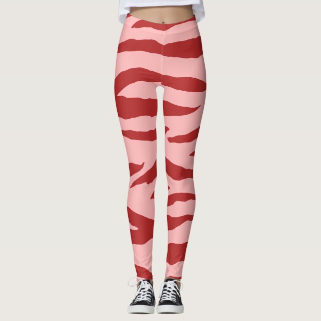 Red And Pink Zebra Wild Animal Pattern Leggings (Front)