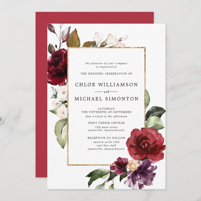 Red and Purple Floral Botanical Wedding Invitation (Front/Back)