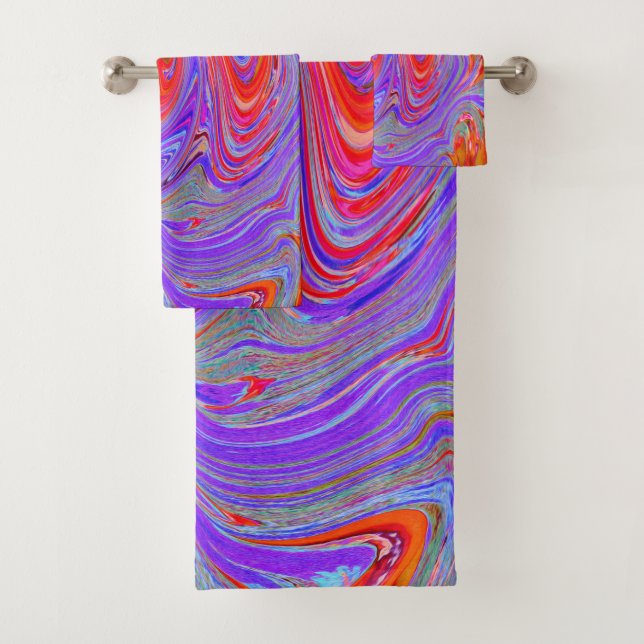 Red and Purple Groovy Abstract Retro Art Bath Towel Set (Insitu)