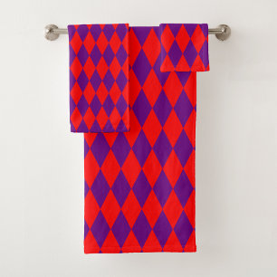 Red and Purple Harlequin Checkered Design Bath Towel Set